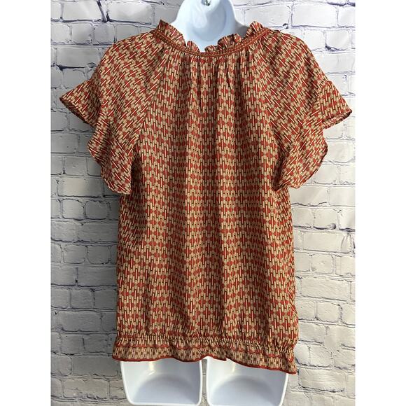 Max Studio Women’s M Short Sleeve Geometric Elastic Waist Top Red, Orange - Picture 2 of 6